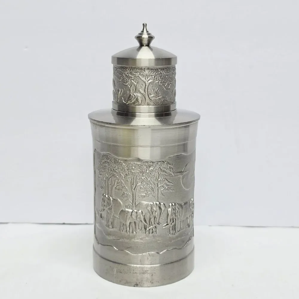 Vintage Bangkok Pewter Thailand Tea Coffee Caddy Container Elephants Embossed